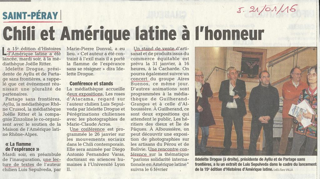 15 eme édition semaine "Histoires d'Amérique latine" de Saint-Péray en ardèche avec l'association Ayllu et Partage sans Frontières - la presse - article du Dauphiné libéré