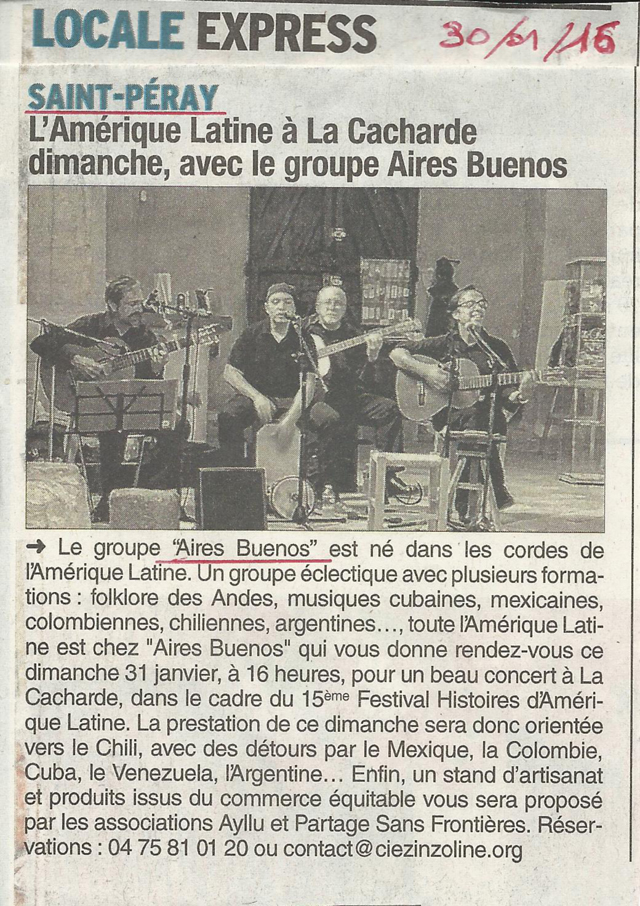 15 eme édition semaine "Histoires d'Amérique latine" de Saint-Péray en ardèche avec l'association Ayllu et Partage sans Frontières - la presse - article du Dauphiné libéré