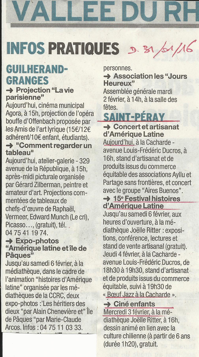 15 eme édition semaine "Histoires d'Amérique latine" de Saint-Péray en ardèche avec l'association Ayllu et Partage sans Frontières - la presse - article du Dauphiné libéré