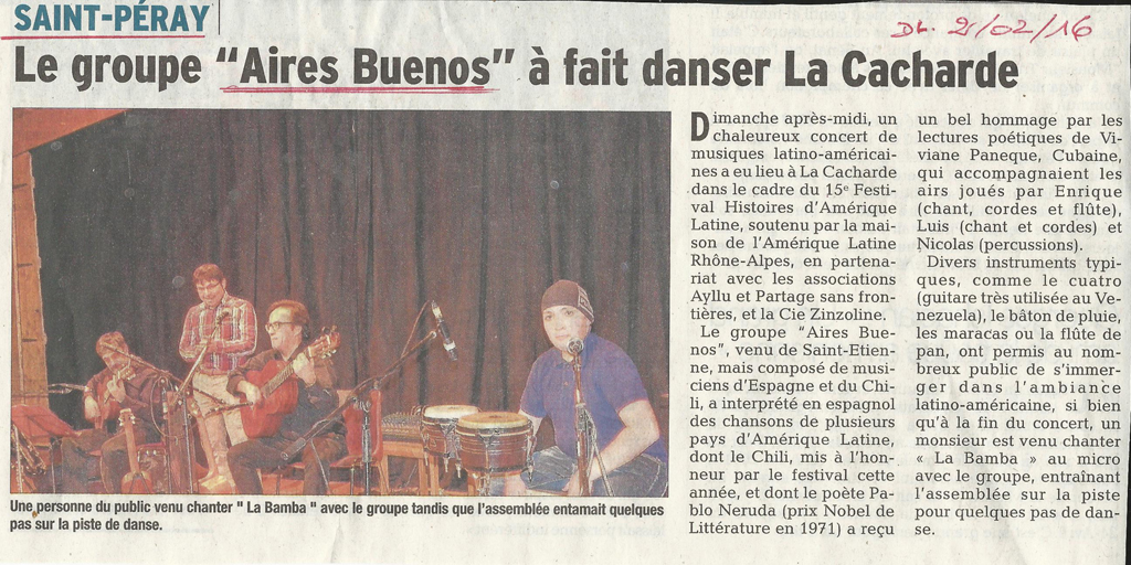 15 eme édition semaine "Histoires d'Amérique latine" de Saint-Péray en ardèche avec l'association Ayllu et Partage sans Frontières - la presse - article du Dauphiné libéré